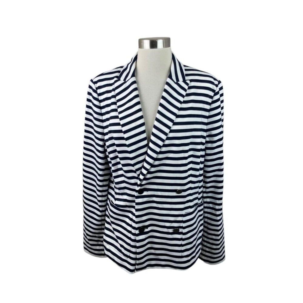 J. Peterman Navy White Nautical Double Breasted Knit Blazer Jacket Size 18